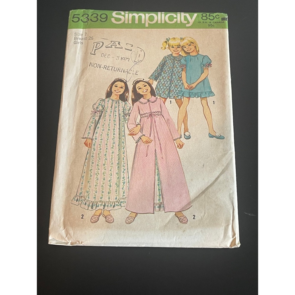 00612 -‎ VTG Simplicity 5339 Girls Nightgown Pajama Robe Pattern Size 7 - 1972